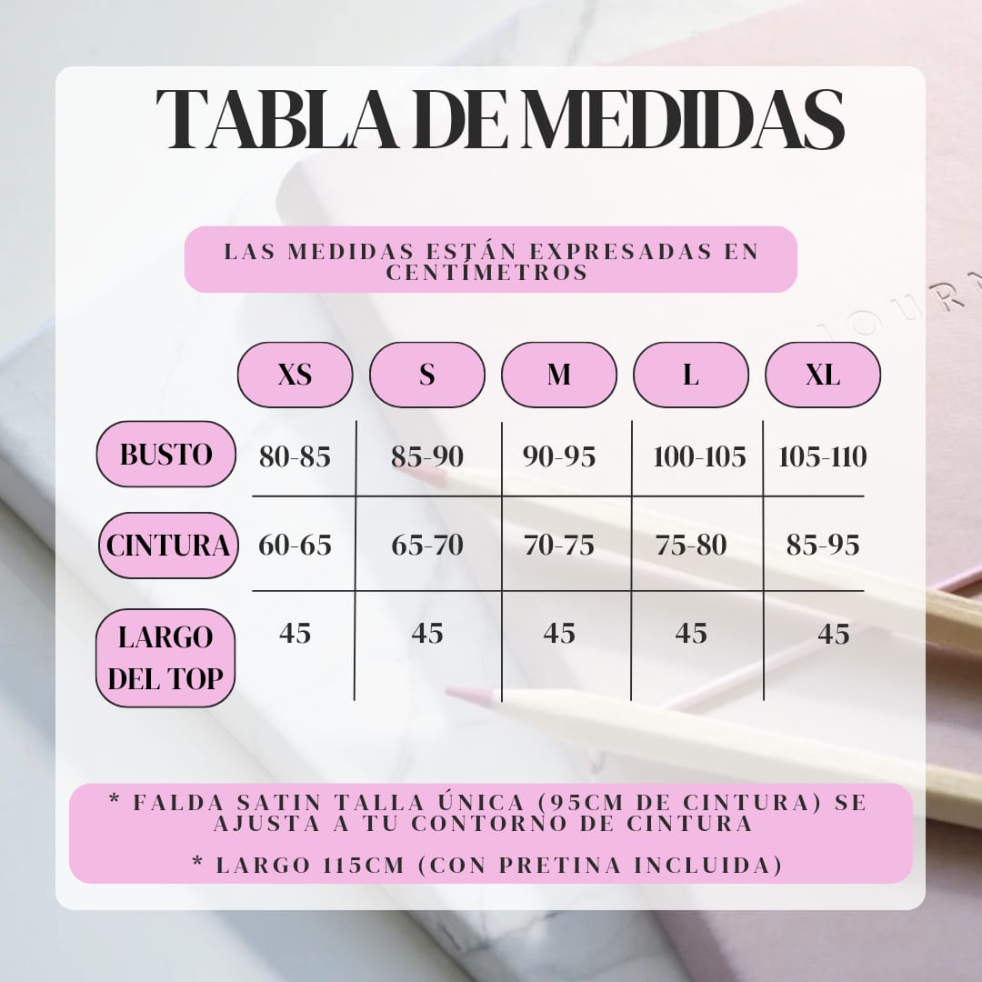 Tabla de medidas para conjuntos satin